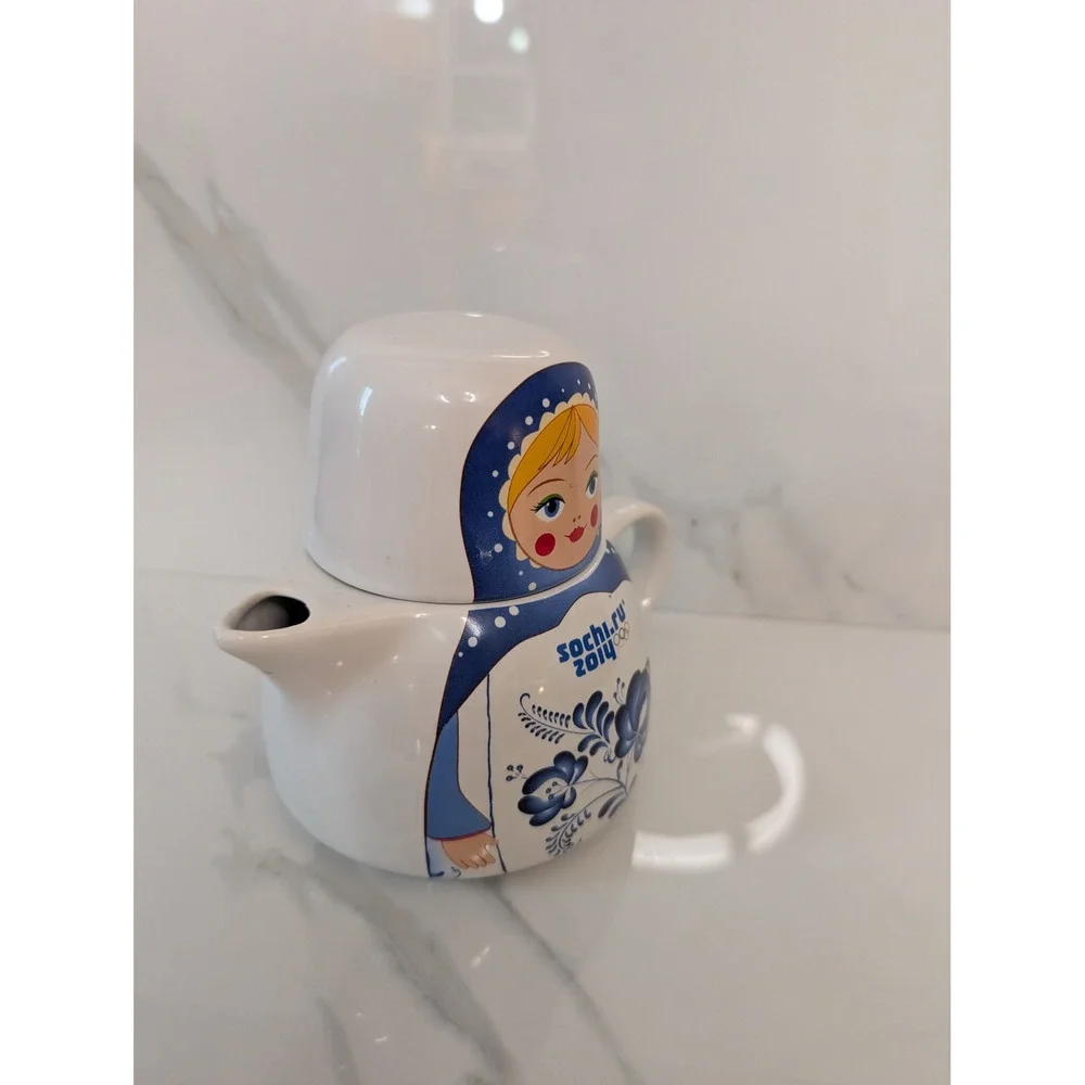Sochi 2014 Winter Olympics Matryoshka Nesting Doll Teapot and Cup Set Ceramic